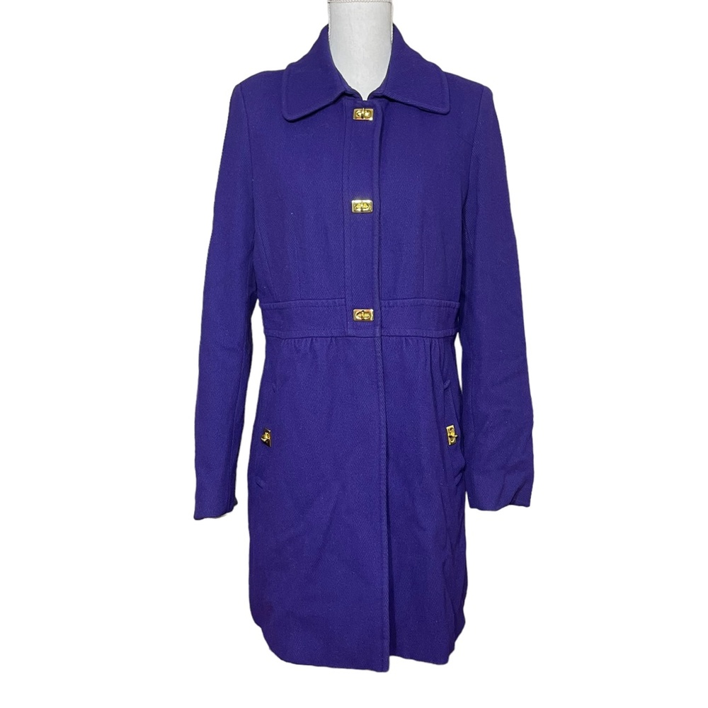 DKNY Wool Coat 14 Royal Purple Toggle Closure Viscose Gold Herringbone Textured